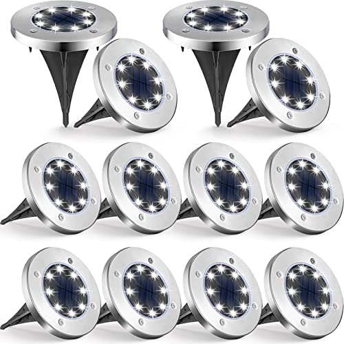 UFOND 12 Pack Solar Ground Lights，Outdoor Waterproof LED Solar Garden Lights, Disk Lights for Lawn Pathway Yard Walkway Driveway Patio Deck, Solar Lights (Cold White)