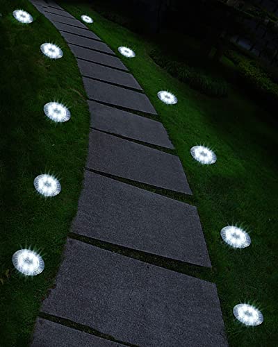 UFOND 12 Pack Solar Ground Lights，Outdoor Waterproof LED Solar Garden Lights, Disk Lights for Lawn Pathway Yard Walkway Driveway Patio Deck, Solar Lights (Cold White)