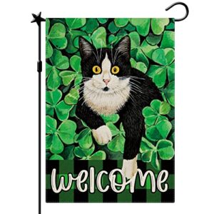 cmegke st. patrick’s day cat garden flag, st patrick’s day garden flag, green shamrocks cat welcome garden flag spring summer garden flag rustic vertical double sided burlap st patricks day holiday party farmhouse yard home outside decor 12.5 x 18 in