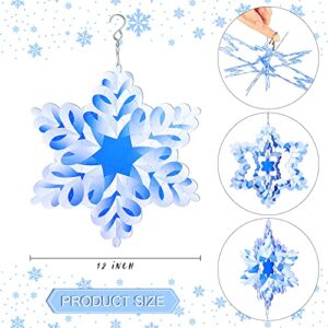 Christmas 3D Snowflake Wind Spinner, Stainless Steel Wind Spinner Christmas Wind Spinner Hanging Wind Chime with Swivel Hook for Indoor Outdoor Garden Decoration, 12 Inch White