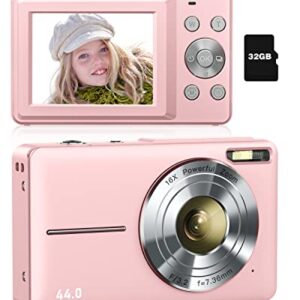 Digital Camera for Kids, Lecran 1080P 44MP Kids Camera with 32GB Card Point and Shoot Camera with 16X Zoom, Compact Portable Cameras Christmas Birthday Gift for Children Kids Teens Girl Boy(Pink)