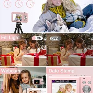 Digital Camera for Kids, Lecran 1080P 44MP Kids Camera with 32GB Card Point and Shoot Camera with 16X Zoom, Compact Portable Cameras Christmas Birthday Gift for Children Kids Teens Girl Boy(Pink)