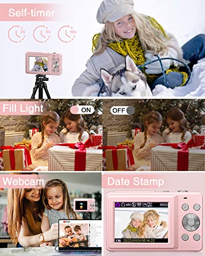 Digital Camera for Kids, Lecran 1080P 44MP Kids Camera with 32GB Card Point and Shoot Camera with 16X Zoom, Compact Portable Cameras Christmas Birthday Gift for Children Kids Teens Girl Boy(Pink)