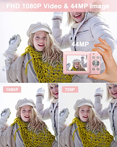 Digital Camera for Kids, Lecran 1080P 44MP Kids Camera with 32GB Card Point and Shoot Camera with 16X Zoom, Compact Portable Cameras Christmas Birthday Gift for Children Kids Teens Girl Boy(Pink)