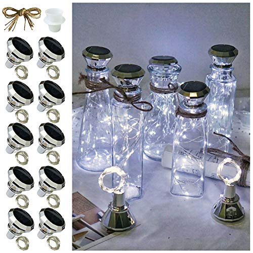 Solar Wine Bottle Lights, 10 Pack Diamond Cork Lights, 20 LED Outdoor Waterproof Fairy String Lights for Garden Wedding Patio（Cool White）