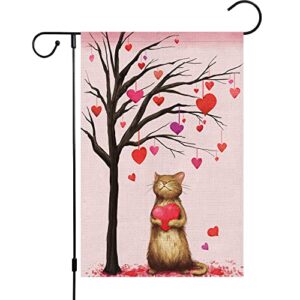 heyfibro valentine’s day cat garden flag, valentines heart love tree burlap 12 x 18 inch double sided yard flag, spring seasonal outdoor decoration for valentines day gifts(only flag)