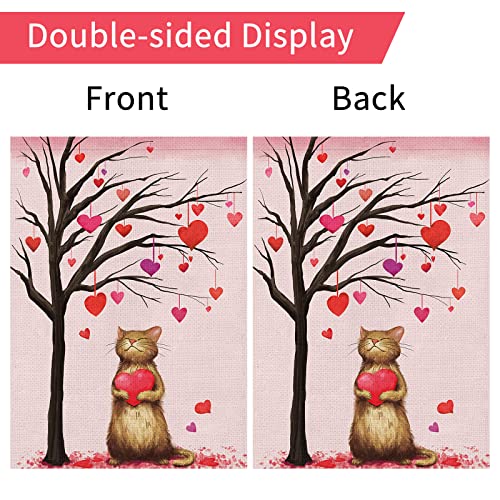 Heyfibro Valentine's Day Cat Garden Flag, Valentines Heart Love Tree Burlap 12 x 18 Inch Double Sided Yard Flag, Spring Seasonal Outdoor Decoration for Valentines Day Gifts(ONLY FLAG)