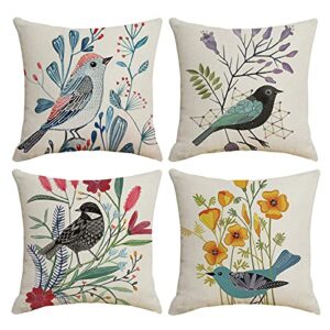 waterproof throw pillow covers 4 pack outdoor farmhouse linen cushion covers square decorative pillow cases for patio garden, bird 18×18 inches