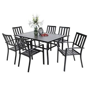 phi villa 7 piece outdoor patio dining set for 6, 60” rectangular metal dining table with umbrella hole & 6 metal stackable chairs for deck, yard, garden