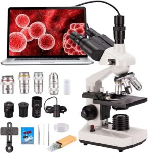 compound trinocular microscope, 40x-5000x magnification, digital laboratory trinocular compound led microscope with usb camera and mechanical stage, wf10x and wf20x eyepieces, abbe condenser