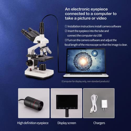 Compound trinocular Microscope, 40X-5000X Magnification, Digital Laboratory trinocular Compound LED Microscope with USB Camera and Mechanical Stage, WF10x and WF20x eyepieces, Abbe Condenser