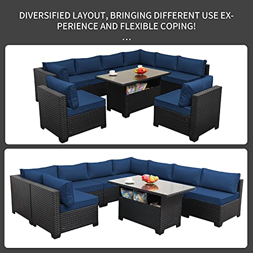 9 Pieces Patio Furniture Sectional Sofa Outdoor Wicker Furniture Couch Set with Blue Non-Slip Cushions Furniture Cover Black PE Rattan