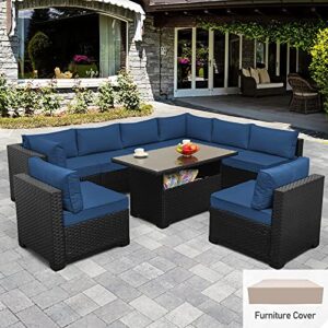 9 Pieces Patio Furniture Sectional Sofa Outdoor Wicker Furniture Couch Set with Blue Non-Slip Cushions Furniture Cover Black PE Rattan