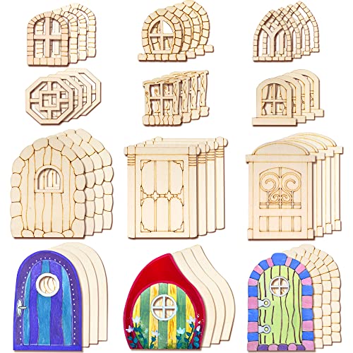 Halandar 48 Pcs Fairy Door Wooden Garden Doors Craft Mini Window Fairy House DIY Kit Unfinished Miniature Door Unpainted Fairy Window Accessories for Wall Home Party Decoration (Antique Style)