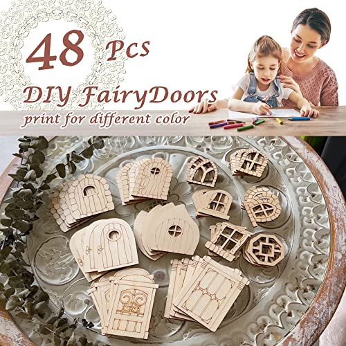 Halandar 48 Pcs Fairy Door Wooden Garden Doors Craft Mini Window Fairy House DIY Kit Unfinished Miniature Door Unpainted Fairy Window Accessories for Wall Home Party Decoration (Antique Style)