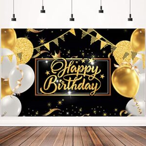 hgh happy birthday backdrop banner black and gold birthday party decorations sign poster large fabric glitter balloon fireworks sign birthday photo backdrop backgroud,72.8 x 43.3 inch