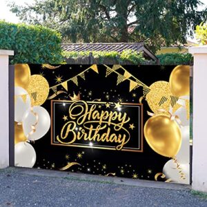 HGH Happy Birthday Backdrop Banner Black and Gold Birthday Party Decorations Sign Poster Large Fabric Glitter Balloon Fireworks Sign Birthday Photo Backdrop Backgroud,72.8 x 43.3 Inch