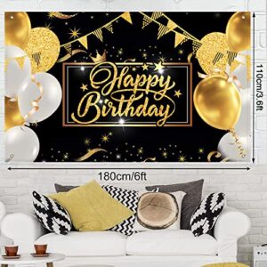 HGH Happy Birthday Backdrop Banner Black and Gold Birthday Party Decorations Sign Poster Large Fabric Glitter Balloon Fireworks Sign Birthday Photo Backdrop Backgroud,72.8 x 43.3 Inch