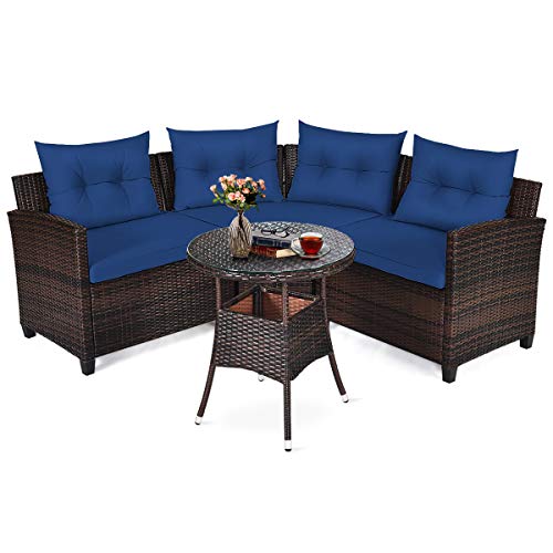 Tangkula 4-Piece Patio Furniture Set, C-Shape Outdoor Wicker Sectional Sofa Set, w/Cushions & Glass Coffee Table, Modern Deck Rattan Furniture for Garden Poolside Balcony (Navy Blue)