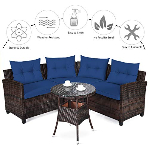 Tangkula 4-Piece Patio Furniture Set, C-Shape Outdoor Wicker Sectional Sofa Set, w/Cushions & Glass Coffee Table, Modern Deck Rattan Furniture for Garden Poolside Balcony (Navy Blue)