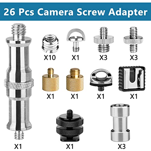 Camera Tripod Adapter, ChromLives 26Pack Camera Screw Mount Set 1/4 to 1/4 Tripod Screw,1/4 to 3/8 Camera Mount Adapter,Hot Shoe Adapter,Tripod Mount Adapter Set for Tripod/Monopod/Quick Release Plate