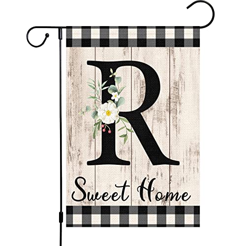 Monogram Letter R Initial Garden Flag 12x18 Double Sided Burlap, Small Vertical Welcome Initial Family Last Name Personalized Sweet Home Flag Outdoor Decoration (ONLY FLAG)