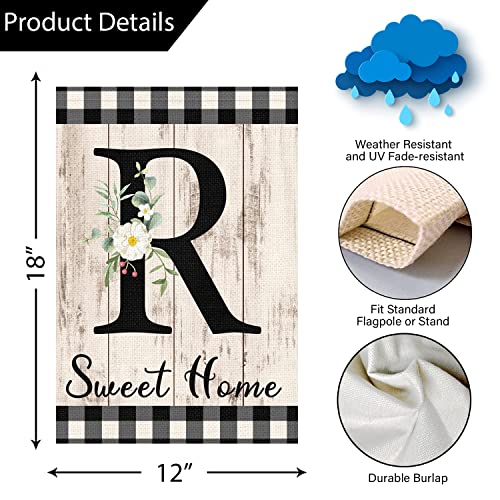 Monogram Letter R Initial Garden Flag 12x18 Double Sided Burlap, Small Vertical Welcome Initial Family Last Name Personalized Sweet Home Flag Outdoor Decoration (ONLY FLAG)