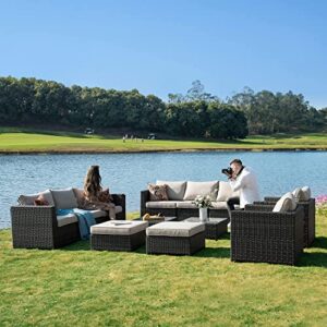 ovios patio furniture set, 12 pcs big size outdoor furniture set all weather rattan wicker sofa sectional set with glass table, garden, backyard, no assembly required (grey-beige)