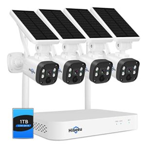 [1tb hdd,4mp spotlight] hiseeu solar battery powered wireless security camera system,100% wire-free,10ch hd 4k nvr,night vision, 2-way audio, pir,motion record, outdoor home surveillance