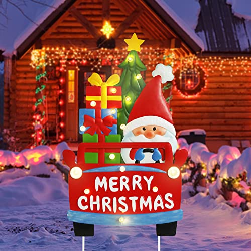 Christmas Garden Stakes with LED Light - Santa Claus Yard Sign with Stake, Xmas Decorations for Front Pathway Walkway Lawn, Metal Outdoor Decor Waterproof Battery Box