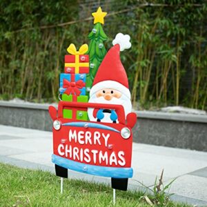 Christmas Garden Stakes with LED Light - Santa Claus Yard Sign with Stake, Xmas Decorations for Front Pathway Walkway Lawn, Metal Outdoor Decor Waterproof Battery Box