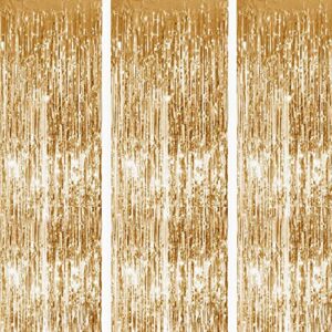 tayuvira gold metallic tinsel foil fringe curtain, 3 pcs 3.3ft x6.6ft photo booth backdrop streamer curtains&photo booth props, party decorations for bachelorette graduation wedding birthday (gold)