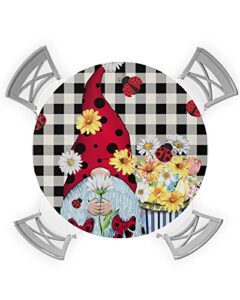spring summer sunflower gnome round waterproof table cover fitted tablecloth,black white buffalo plaid check wipeable fabric elastic table cloth oil-proof tablecover for outdoor picnic party,36″-44″