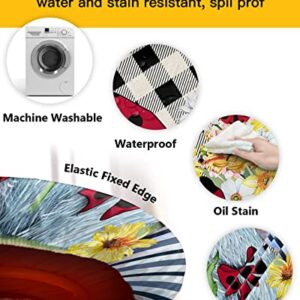 Spring Summer Sunflower Gnome Round Waterproof Table Cover Fitted Tablecloth,Black White Buffalo Plaid Check Wipeable Fabric Elastic Table Cloth Oil-Proof Tablecover for Outdoor Picnic Party,36"-44"