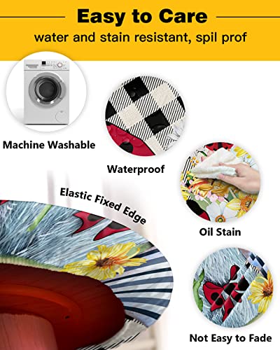 Spring Summer Sunflower Gnome Round Waterproof Table Cover Fitted Tablecloth,Black White Buffalo Plaid Check Wipeable Fabric Elastic Table Cloth Oil-Proof Tablecover for Outdoor Picnic Party,36"-44"