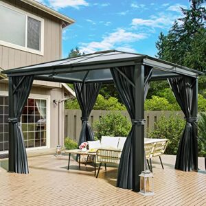 yitahome 10x12ft hardtop gazebo outdoor polycarbonate canopy with netting and shaded curtains, aluminum frame garden tent for patio, backyard, deck and lawns