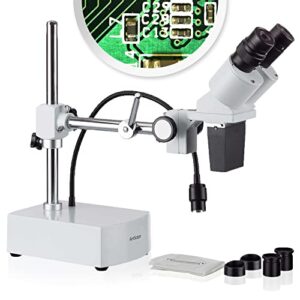 amscope se400-z professional binocular stereo microscope, wf10x and wf20x eyepieces, 10x and 20x magnification, 1x objective, led lighting, boom-arm stand, 110v-120v