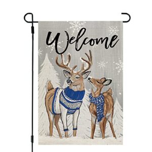 crowned beauty winter garden flag reindeers for outside, 12×18 inch double sided small welcome yard outdoor decoration cf696-12