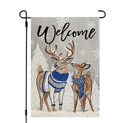 CROWNED BEAUTY Winter Garden Flag Reindeers for Outside, 12x18 Inch Double Sided Small Welcome Yard Outdoor Decoration CF696-12