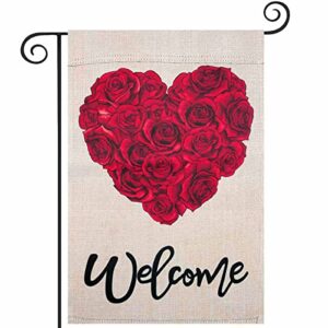 welcome valentines day garden flag, hogardeck 12.5×18 inch vertical double sided rose heart yard flag, farmhouse rustic outdoor valentines day decor