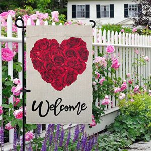 Welcome Valentines Day Garden Flag, hogardeck 12.5x18 Inch Vertical Double Sided Rose Heart Yard Flag, Farmhouse Rustic Outdoor Valentines Day Decor