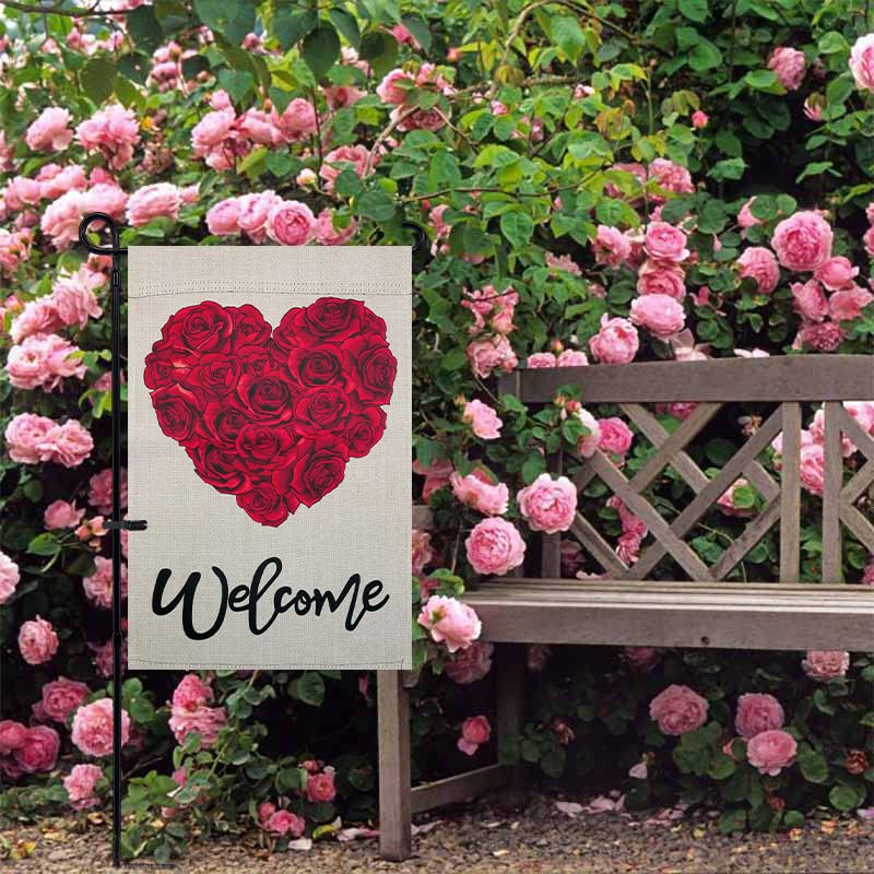 Welcome Valentines Day Garden Flag, hogardeck 12.5x18 Inch Vertical Double Sided Rose Heart Yard Flag, Farmhouse Rustic Outdoor Valentines Day Decor