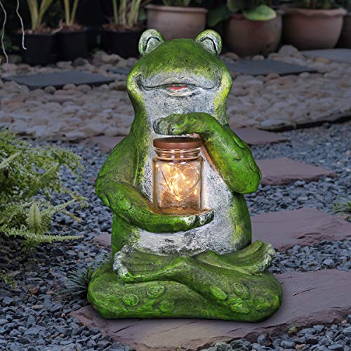 Exhart Garden Sculpture, Frog Solar Garden Statue with Glass Jar, 8 LED Firefly Lights, Outdoor Garden Decoration, 7 x 6 x 11 Inch