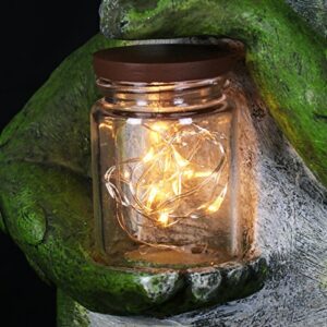 Exhart Garden Sculpture, Frog Solar Garden Statue with Glass Jar, 8 LED Firefly Lights, Outdoor Garden Decoration, 7 x 6 x 11 Inch