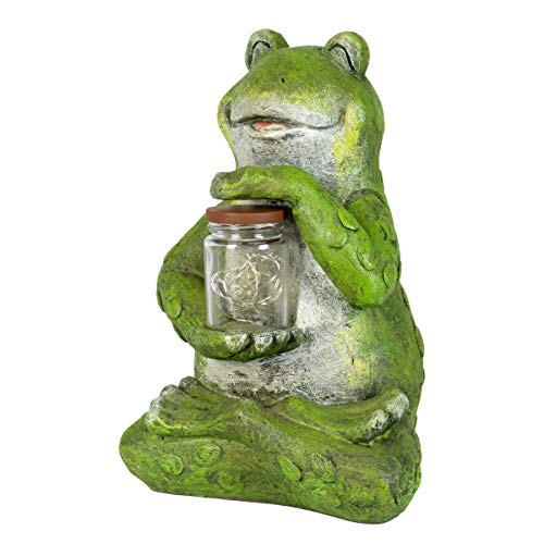 Exhart Garden Sculpture, Frog Solar Garden Statue with Glass Jar, 8 LED Firefly Lights, Outdoor Garden Decoration, 7 x 6 x 11 Inch