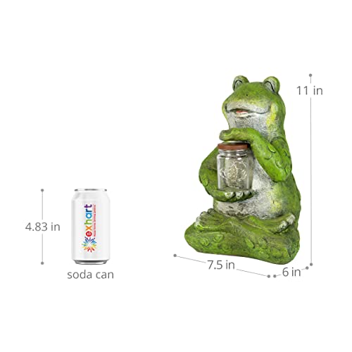 Exhart Garden Sculpture, Frog Solar Garden Statue with Glass Jar, 8 LED Firefly Lights, Outdoor Garden Decoration, 7 x 6 x 11 Inch