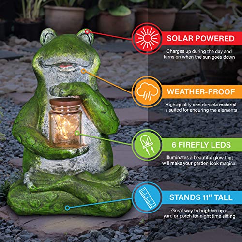 Exhart Garden Sculpture, Frog Solar Garden Statue with Glass Jar, 8 LED Firefly Lights, Outdoor Garden Decoration, 7 x 6 x 11 Inch