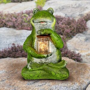 Exhart Garden Sculpture, Frog Solar Garden Statue with Glass Jar, 8 LED Firefly Lights, Outdoor Garden Decoration, 7 x 6 x 11 Inch