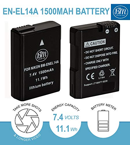 BM Premium EN-EL14A Battery for Nikon D3100, D3200, D3300, D3400, D3500, D5100, D5200, D5300, D5500, D5600, DF, Coolpix P7000, P7100, P7700 Digital SLR Cameras