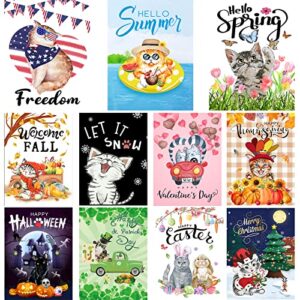 cdlong welcome cat seasonal garden flags set of 11 double sided 12 x 18 inch yard flag,small garden flags for outside, christmas spring seasonal flag for outdoor holiday decorations